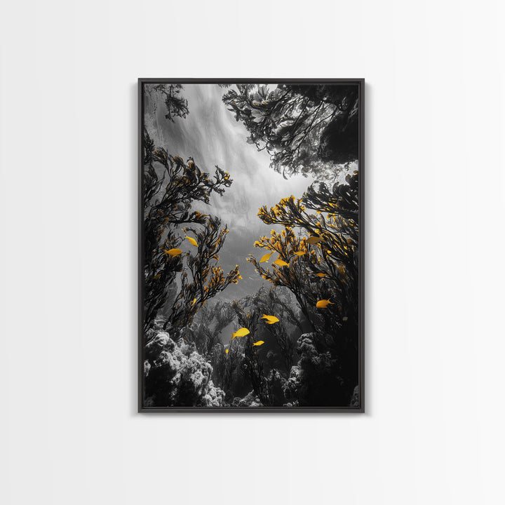 Golden Fish, Kelp Forest, Ethereal Ocean Scene, Framed Canvas Print, Underwater Wall Art, Nature Photography, Bathroom Sea Decor