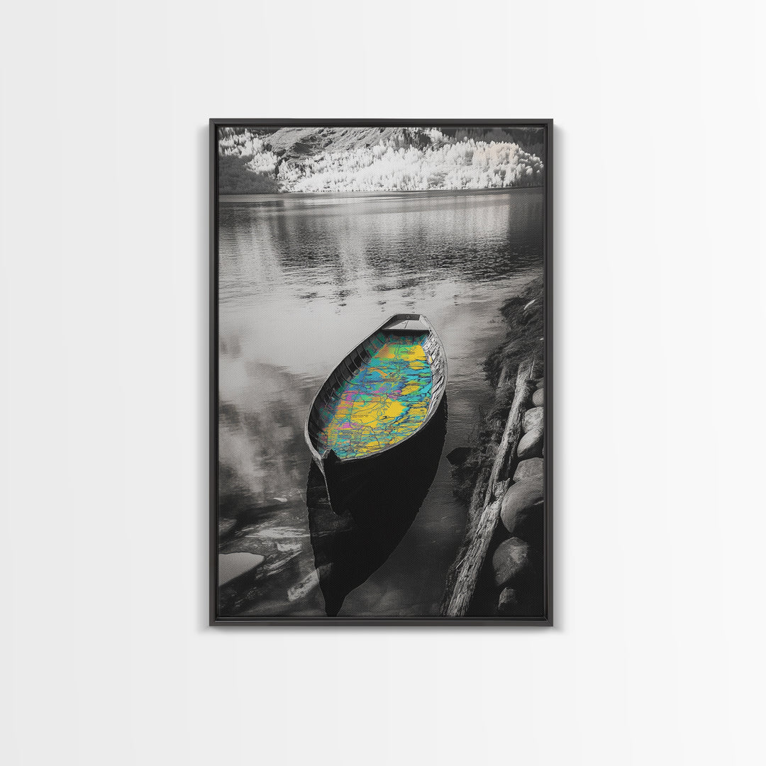 Rowboat Map Interior, Lake Reflections, Artistic Travel Theme, Canvas Print, Cabin Wall Art, Unique Lake House Decor, Explorer Style