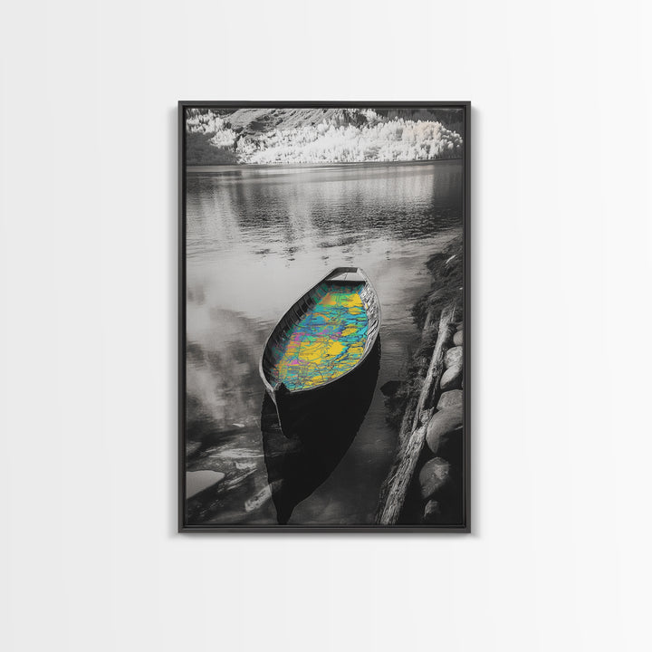 Rowboat Map Interior, Lake Reflections, Artistic Travel Theme, Canvas Print, Cabin Wall Art, Unique Lake House Decor, Explorer Style