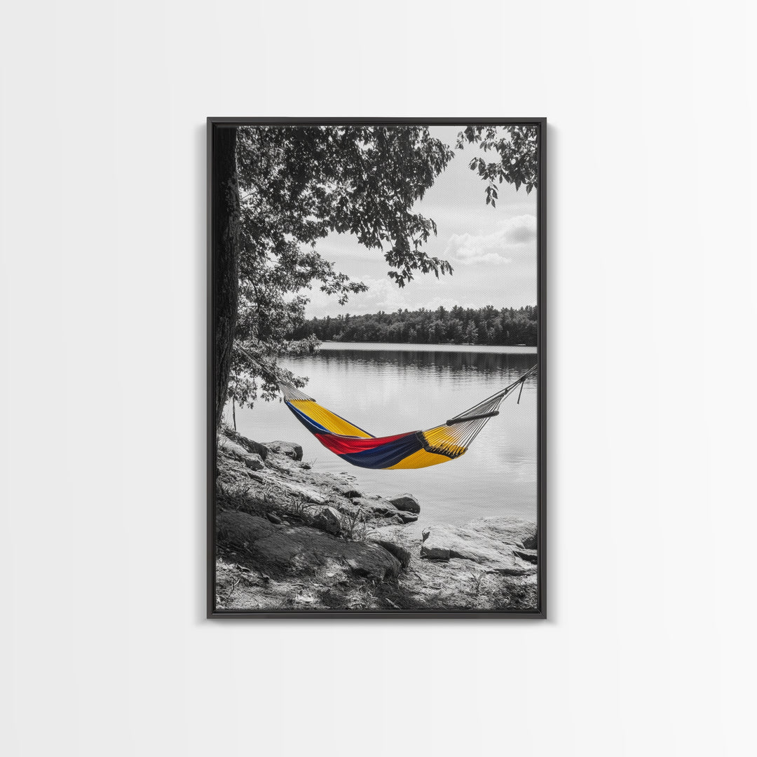 Hammock Lake Scene, Peaceful Nature Art, Fall Outdoors, Relaxed Escape, Framed Canvas Print, boho decor, bedroom art, cozy wall print