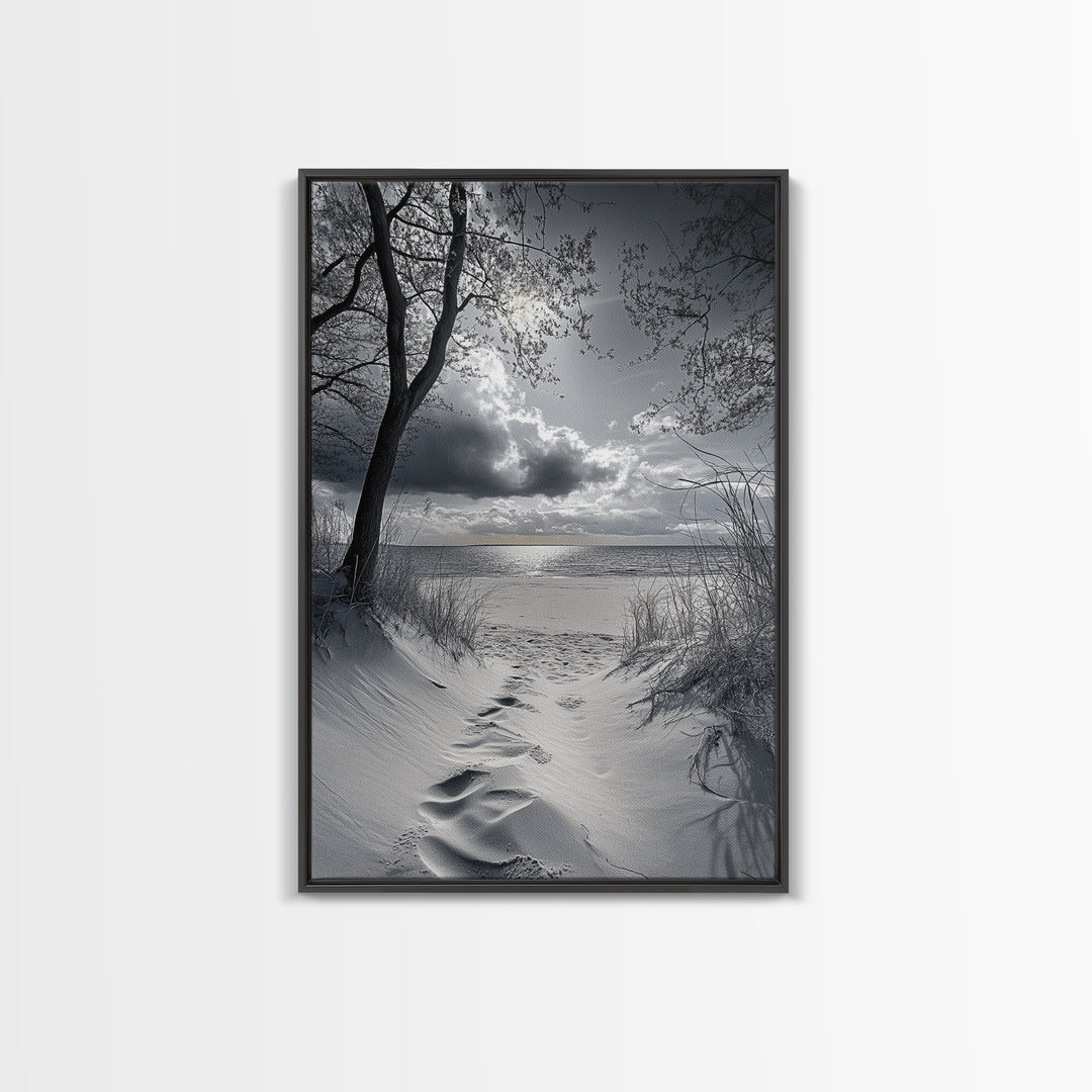 Beach Dunes Sunset, Seaside Escape, Quiet Shore Path, Coastal Calm, Framed Canvas Print, neutral coastal art,  bathroom wall decor