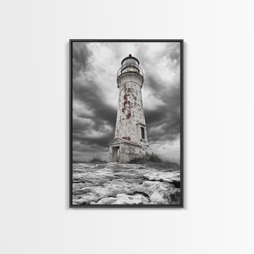 Rustic Lighthouse Shore, Weathered Tower Art, Stormy Coast Scene, Moody Seaside, Framed Canvas Print, nautical bathroom or den wall decor