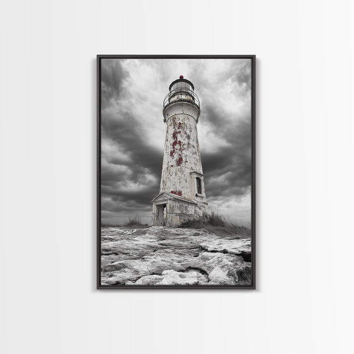 Rustic Lighthouse Shore, Weathered Tower Art, Stormy Coast Scene, Moody Seaside, Framed Canvas Print, nautical bathroom or den wall decor