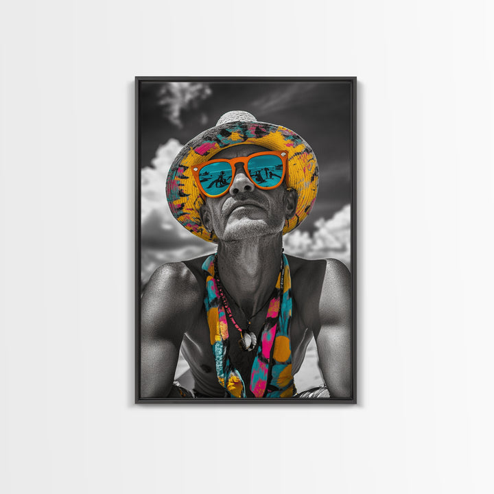 Beach Guy Portrait, Summer Sunglasses, Boho Vibe, Framed Canvas Print, Surf Shack Decor, Eclectic Wall Art, Travel Inspired Design