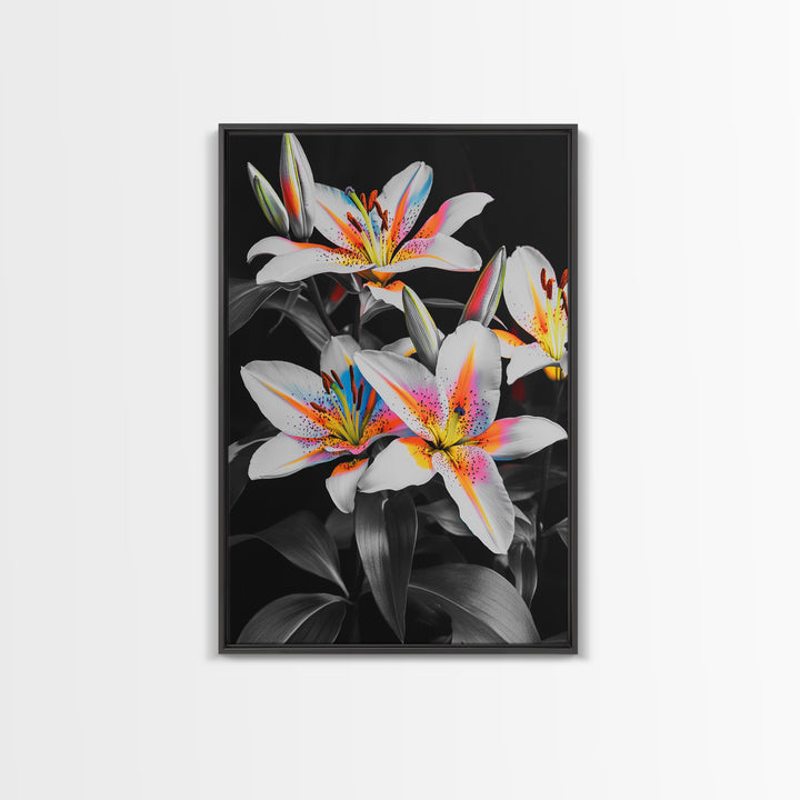Neon Lily, Floral Bloom, Vibrant Flower, Botanical Framed Canvas Print, Color Pop Wall Art, Bedroom Floral Art, Bold Nature Decor