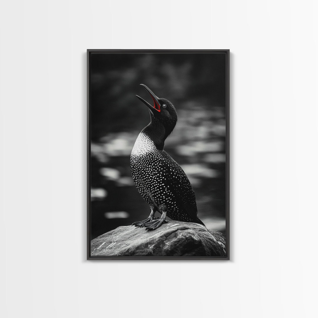 Loon Call, Singing Bird, Red Beak, Monochrome Framed Canvas Print, Wildlife Wall Decor, Bird Lover Wall Art, Rustic Cabin Accent