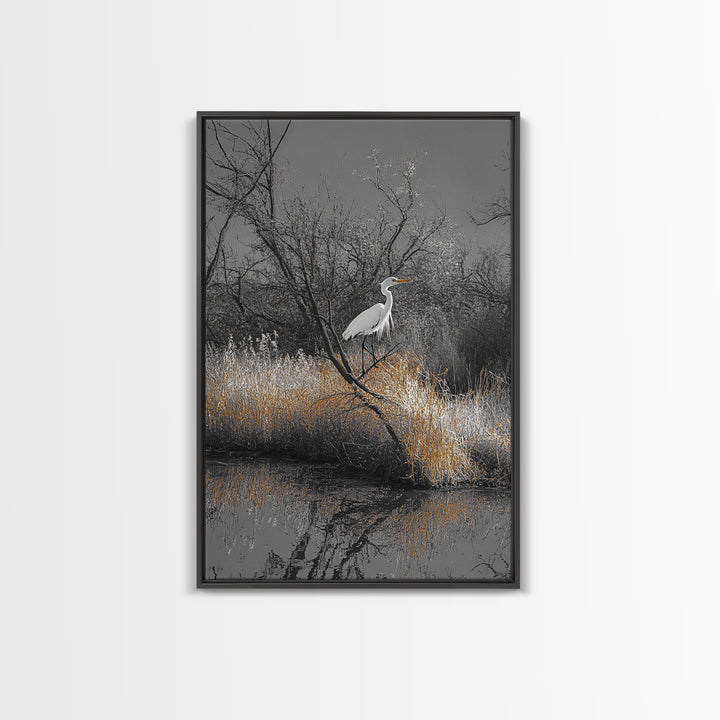 Egret Bird Scene, Autumn Riverbank, Wildlife Nature Print, Moody Wetland Landscape, Framed Canvas Print, Rustic Living Room Wall Art