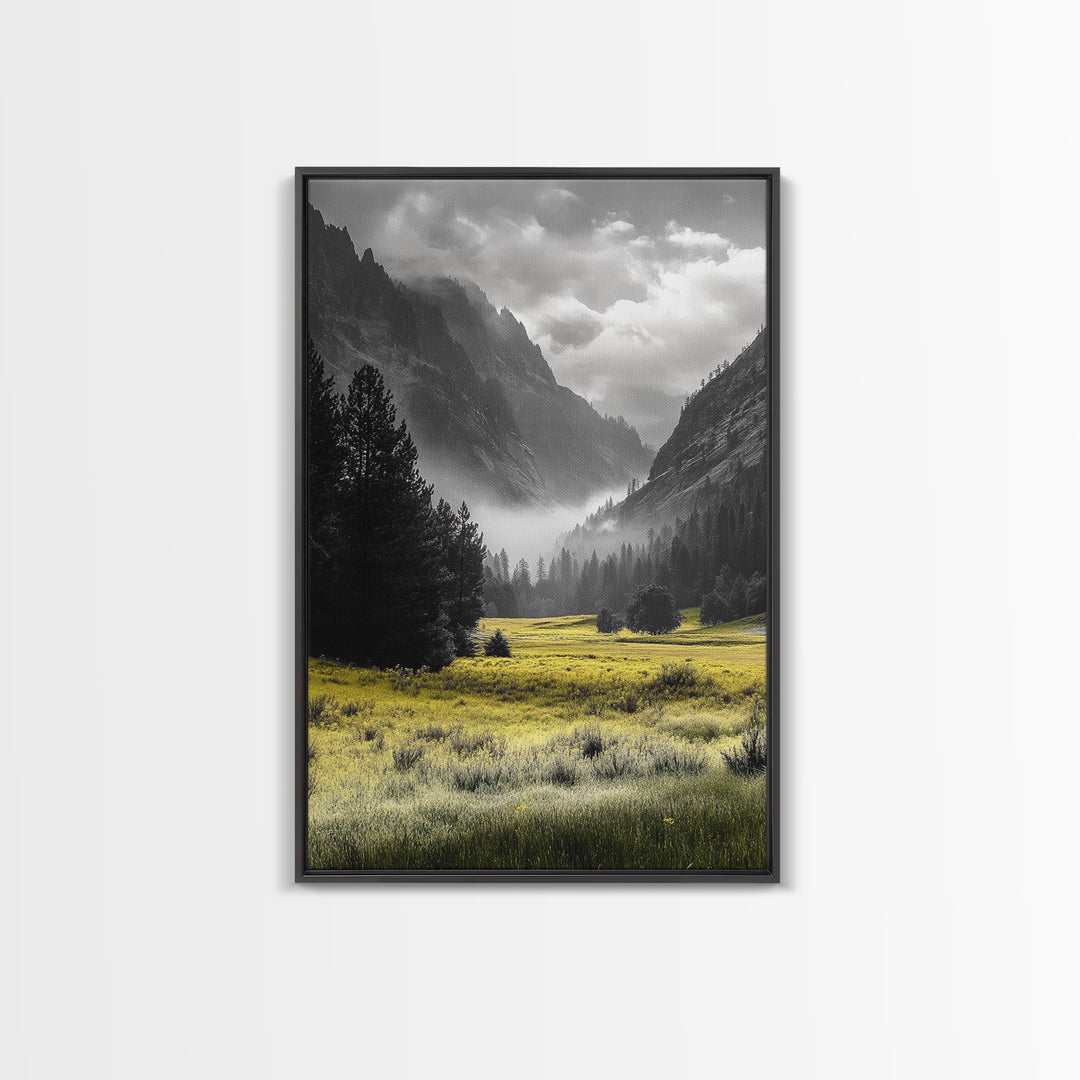 Yellow Meadow Valley, Foggy Mountain Scene, Serene Landscape Photography, Framed Canvas Print, Nature Lover Living Room Wall Art