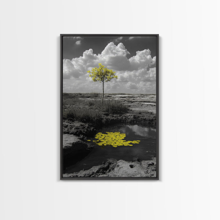 Solitary Tree, Desert Reflection, Yellow Leaves, Framed Canvas Print, Minimalist Wall Art, Bedroom Decor, Nature Fine Art Landscape