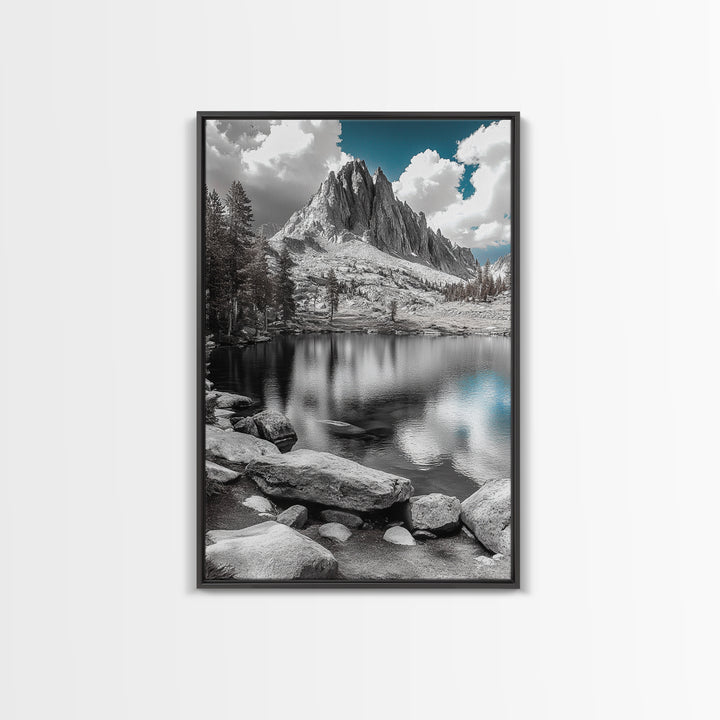 Crystal Lake Peaks, Serene Mountain Reflection, Monochrome Water Scene, Canvas Print, Bedroom Wall Art, Nature Photography Decor