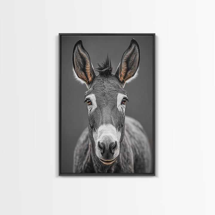 Donkey Close-Up, Rustic Farm Animal, Black and White Portrait, Canvas Print, Farmhouse Kitchen Art, Country Animal Wall Decor
