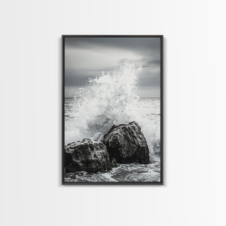 Ocean Splash, Rocky Coast, Dramatic Seascape, Monochrome Power, Framed Canvas Print, Coastal Wall Art, Entryway or Office Decor