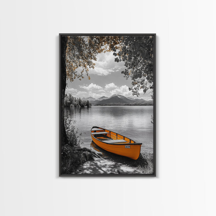 Lake Rowboat, Serene Waters, Mountain Reflection, Framed Canvas Print, Minimalist Nature Art, Living Room Wall Art, Tranquil Landscape
