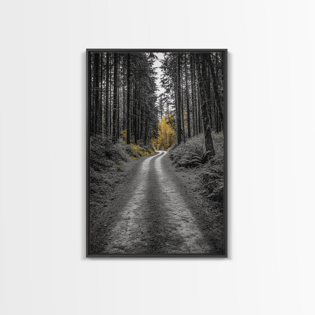Forest Path, Yellow Trees, Autumn Trail, Framed Canvas Print, Fall Wall Art, Woodland Nature Decor, Cozy Home Accent, Entryway Artwork
