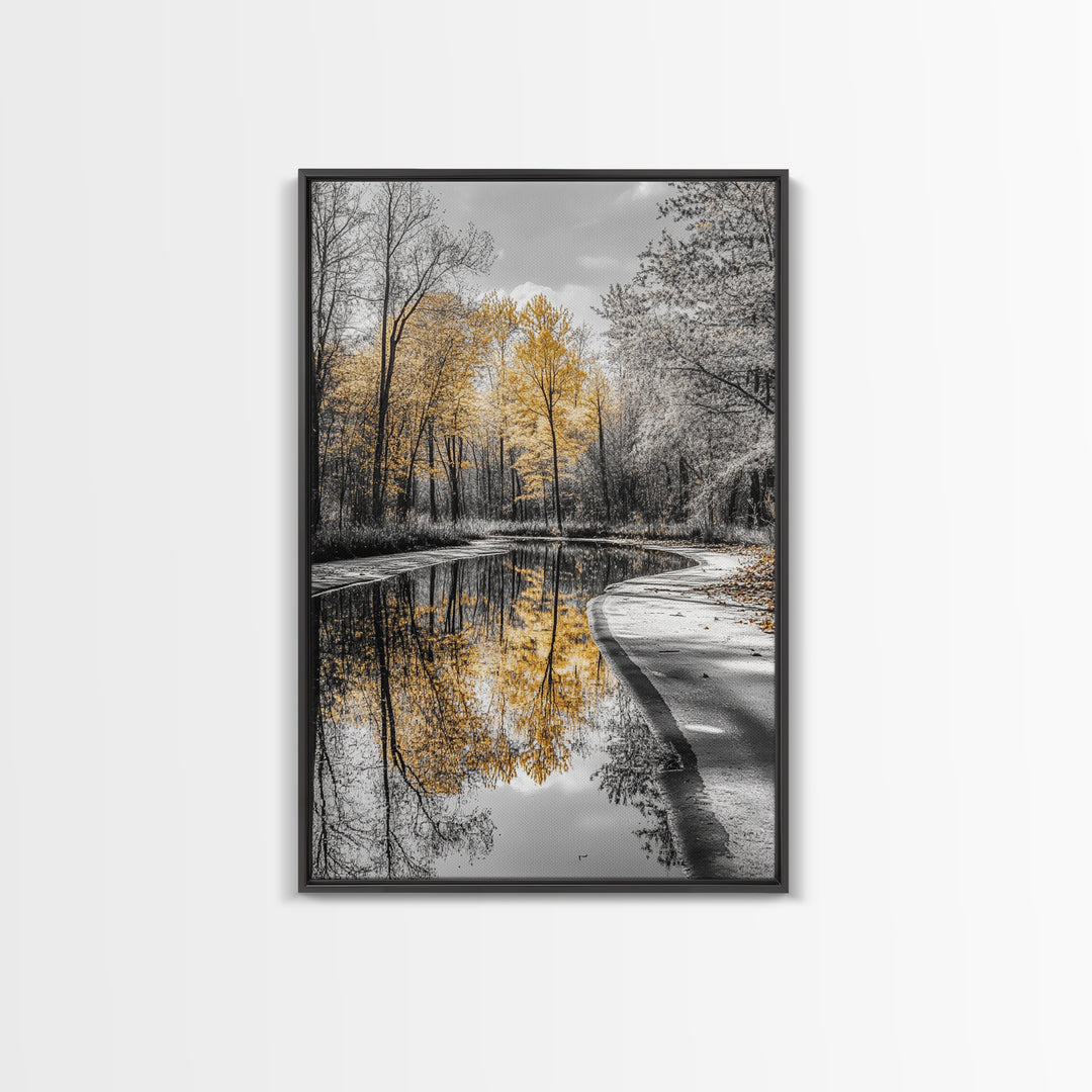 Autumn Trees, Yellow Reflection, Calm River, Nature Path, Framed Canvas Print fall landscape wall art, minimalist forest photography