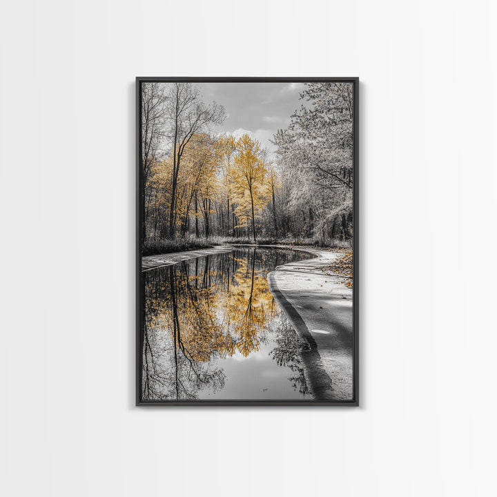 Autumn Trees, Yellow Reflection, Calm River, Nature Path, Framed Canvas Print fall landscape wall art, minimalist forest photography