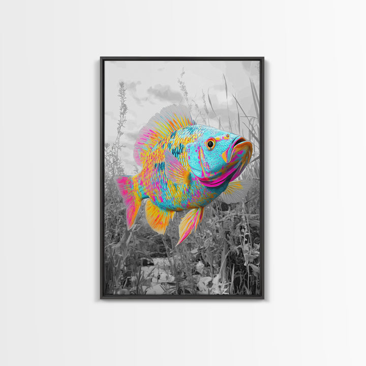 Neon Fish, Color Splash, Bright Animal, Vibrant Water, Framed Canvas Print psychedelic aquatic art, kids room fish wall decor, animal print