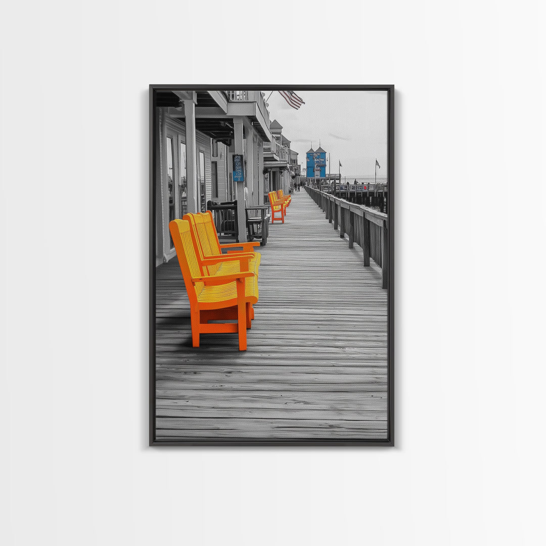 Boardwalk Chairs, Orange Seating, Coastal Town, Wooden Path, Framed Canvas Print beach town photography, nautical home decor, coastal art