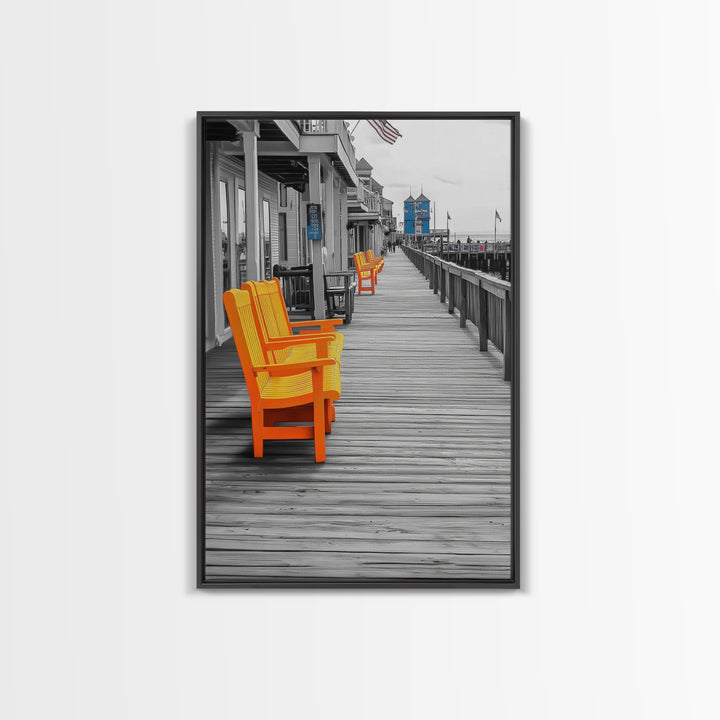 Boardwalk Chairs, Orange Seating, Coastal Town, Wooden Path, Framed Canvas Print beach town photography, nautical home decor, coastal art