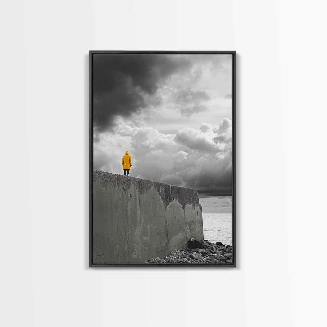 Yellow Raincoat, Ocean Storm, Moody Skies, Framed Canvas Print, Minimalist Wall Art, Coastal Entryway Decor, Contemplative Scene