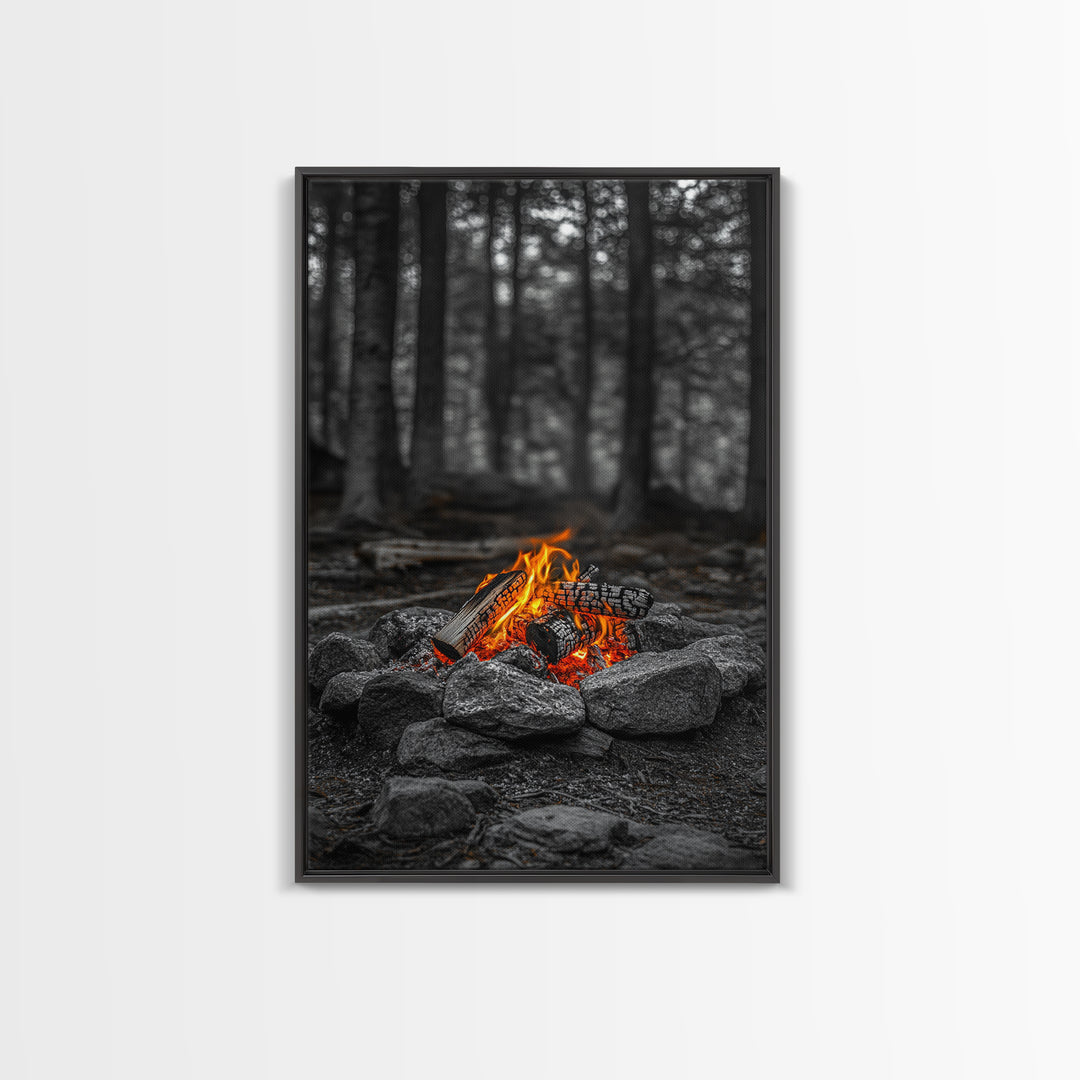 Campfire Glow, Cozy Flames, Autumn Wall Art, Framed Canvas Print, Nature Photography, Rustic Decor, Living Room Cabin Aesthetic