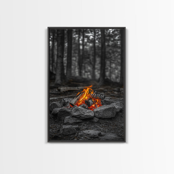 Campfire Glow, Cozy Flames, Autumn Wall Art, Framed Canvas Print, Nature Photography, Rustic Decor, Living Room Cabin Aesthetic