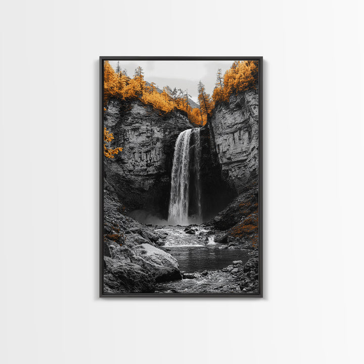 Autumn Waterfall, Forest Stream, Yellow Trees, Canvas Print, Nature Wall Art, Fall Decor, Moody Landscape Art, Living Room Wall Art