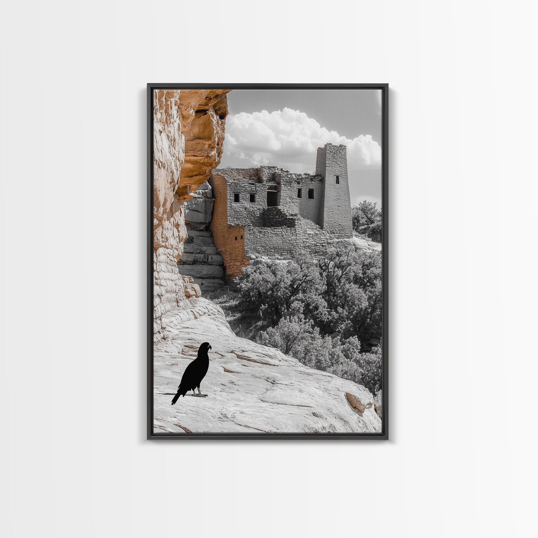 Desert Ruins, Black Bird, Ancient Architecture, Canvas Print, Historical Wall Art, Southwestern Decor, Moody Earth Tones, Living Room Art