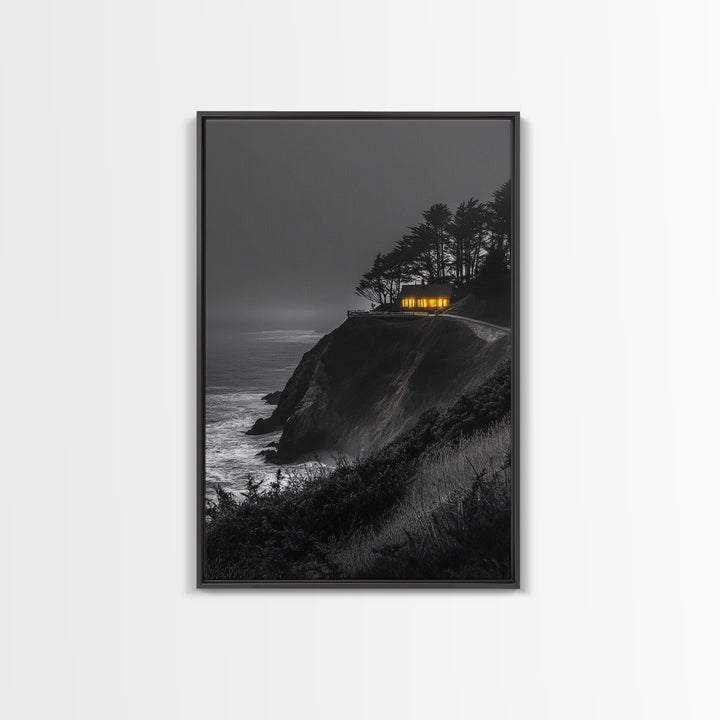 Cabin on Cliff, Moody Coastal Art, Glowing Window, Sunset Seascape, Framed Canvas Print, Minimalist Landscape, Living Room Wall Art