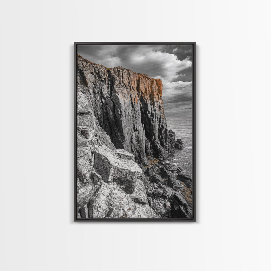 Rugged Cliff Coast, Ocean Rocks, Dramatic Sky, Seaside View, Framed Canvas Print, Coastal Decor, Living Room Wall Art, Earthy Tones