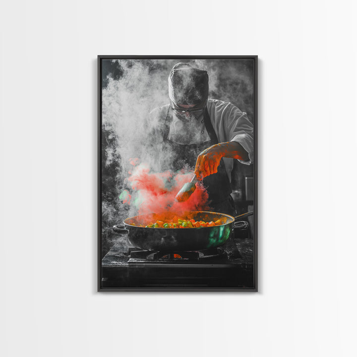 Chef Cooking, Kitchen Smoke, Artistic Culinary Scene, Framed Canvas Print, Modern Kitchen Wall Art, Vibrant Food Art, Chef Decor