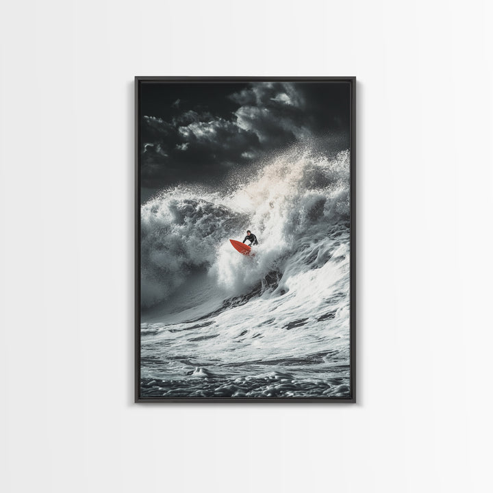 Surfer Wave, Ocean Power, Extreme Sports Art, Framed Canvas Print, Beach House Decor, Surfing Wall Art, Coastal Adventure Scene