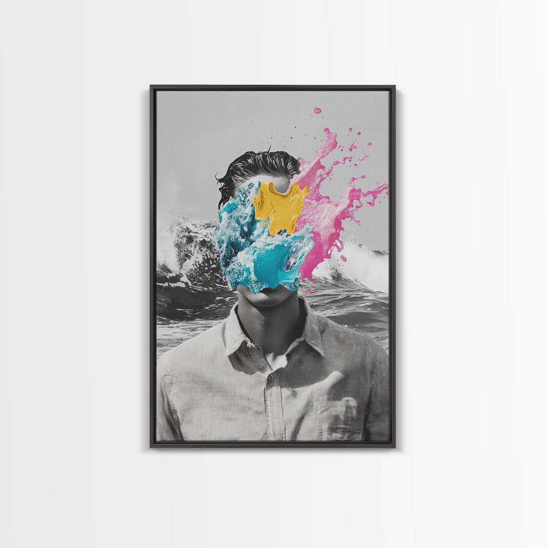 Abstract Portrait, Paint Splash Face, Surreal Ocean Art, Framed Canvas Print, Modern Living Room Art, Pop Surrealism Decor