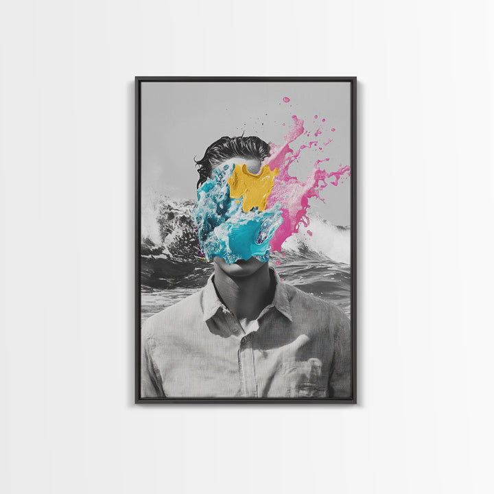 Abstract Portrait, Paint Splash Face, Surreal Ocean Art, Framed Canvas Print, Modern Living Room Art, Pop Surrealism Decor