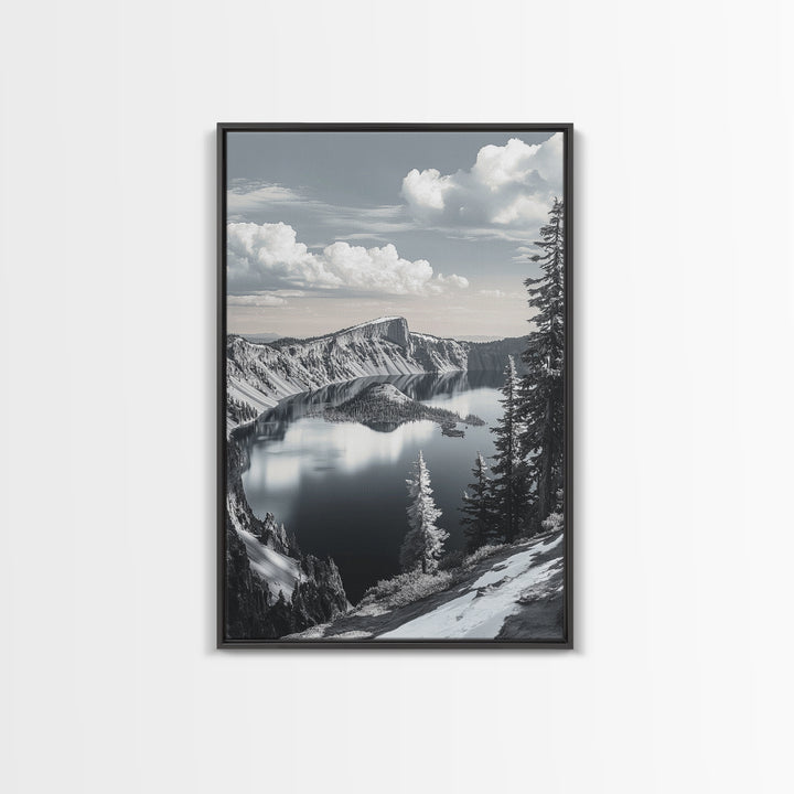 Crater Lake, Snowy Mountains, Scenic Reflection View, Framed Canvas Print, Cabin Wall Art, Winter Landscape Decor, Nature Vibes