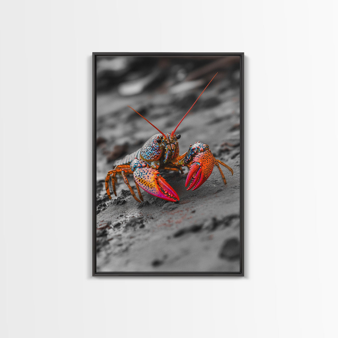 Colorful Lobster, Beach Wildlife, Close-Up Macro Art, Framed Canvas Print, Kitchen Wall Art, Coastal Marine Decor, Vibrant Style