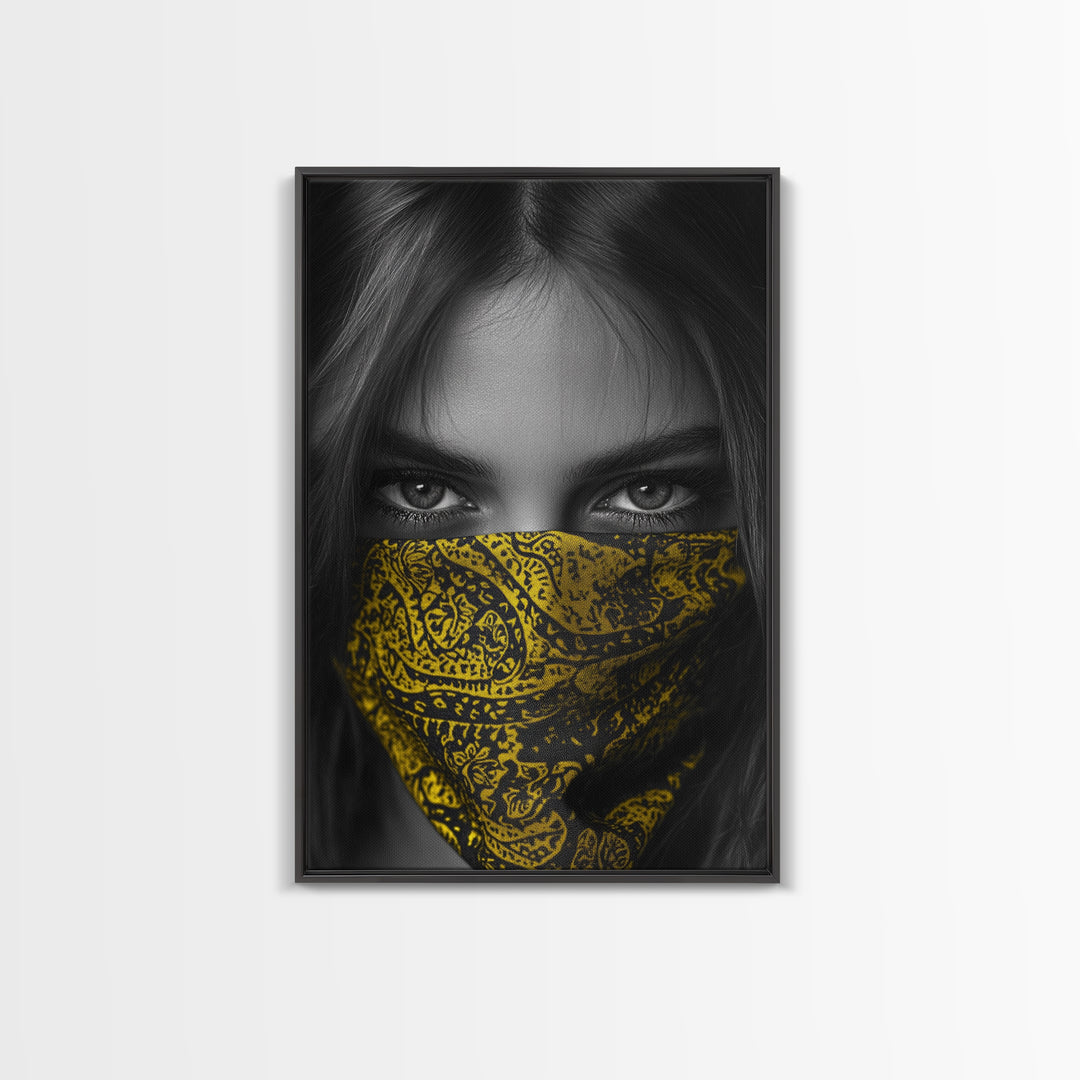 Yellow Bandana Girl, Intense Eyes, Street Portrait, Framed Canvas Print, Modern Photography, Teen Bedroom Wall Art, Bold Style