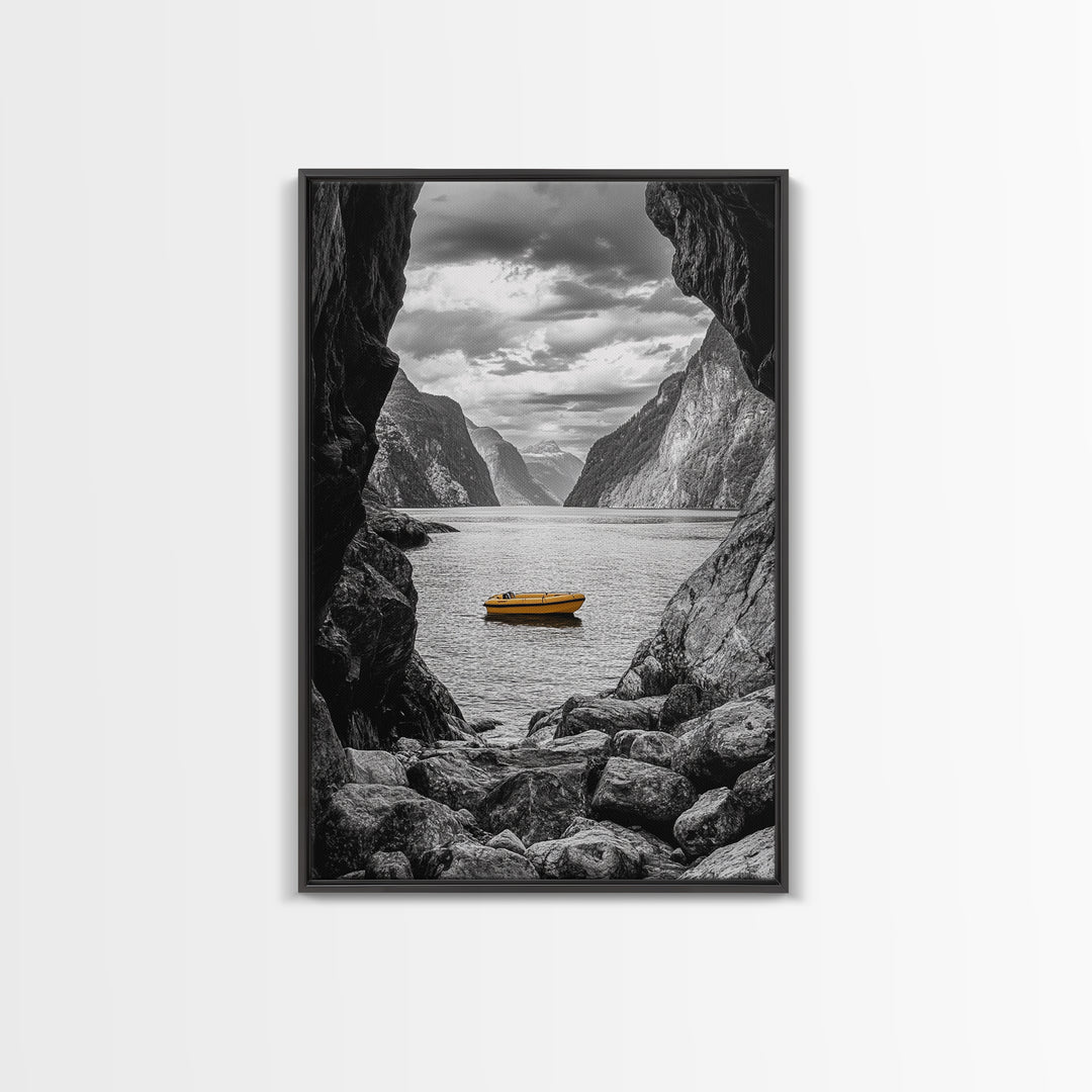 Yellow Boat, Mountain Lake, Serene Fjord Scene, Framed Canvas Print, Minimalist Wall Art, Nature Landscape, Scandinavian Decor