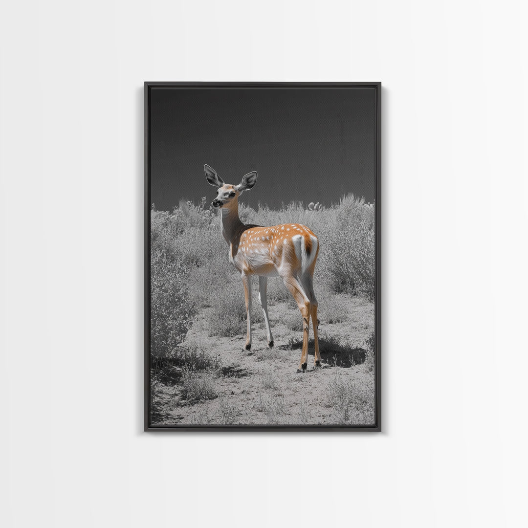 Baby Deer, Spotted Fawn, Desert Wildlife, Framed Canvas Print, Nursery Wall Art, Wildlife Nature Decor, Gentle Forest Animal Art
