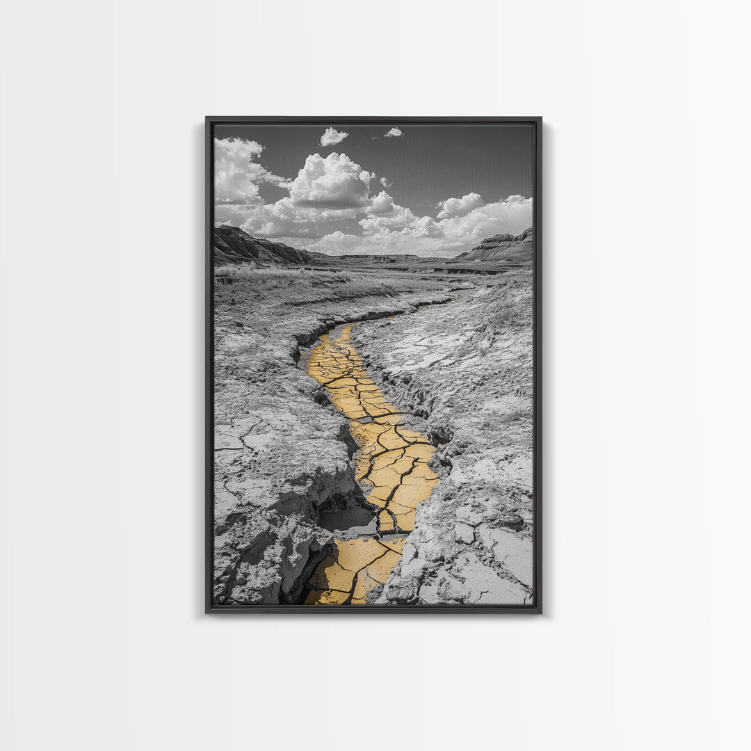 Desert Riverbed, Yellow Crack Trail, Dry Earth Path, Framed Canvas Print, Southwestern Wall Art, Minimalist Nature Decor, Earth Tone Style