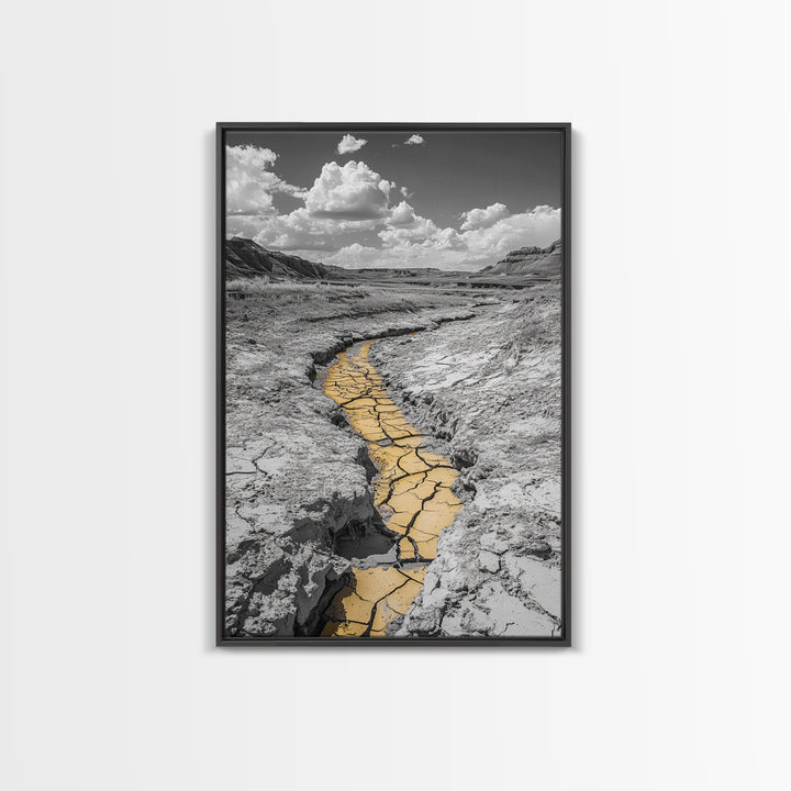 Desert Riverbed, Yellow Crack Trail, Dry Earth Path, Framed Canvas Print, Southwestern Wall Art, Minimalist Nature Decor, Earth Tone Style