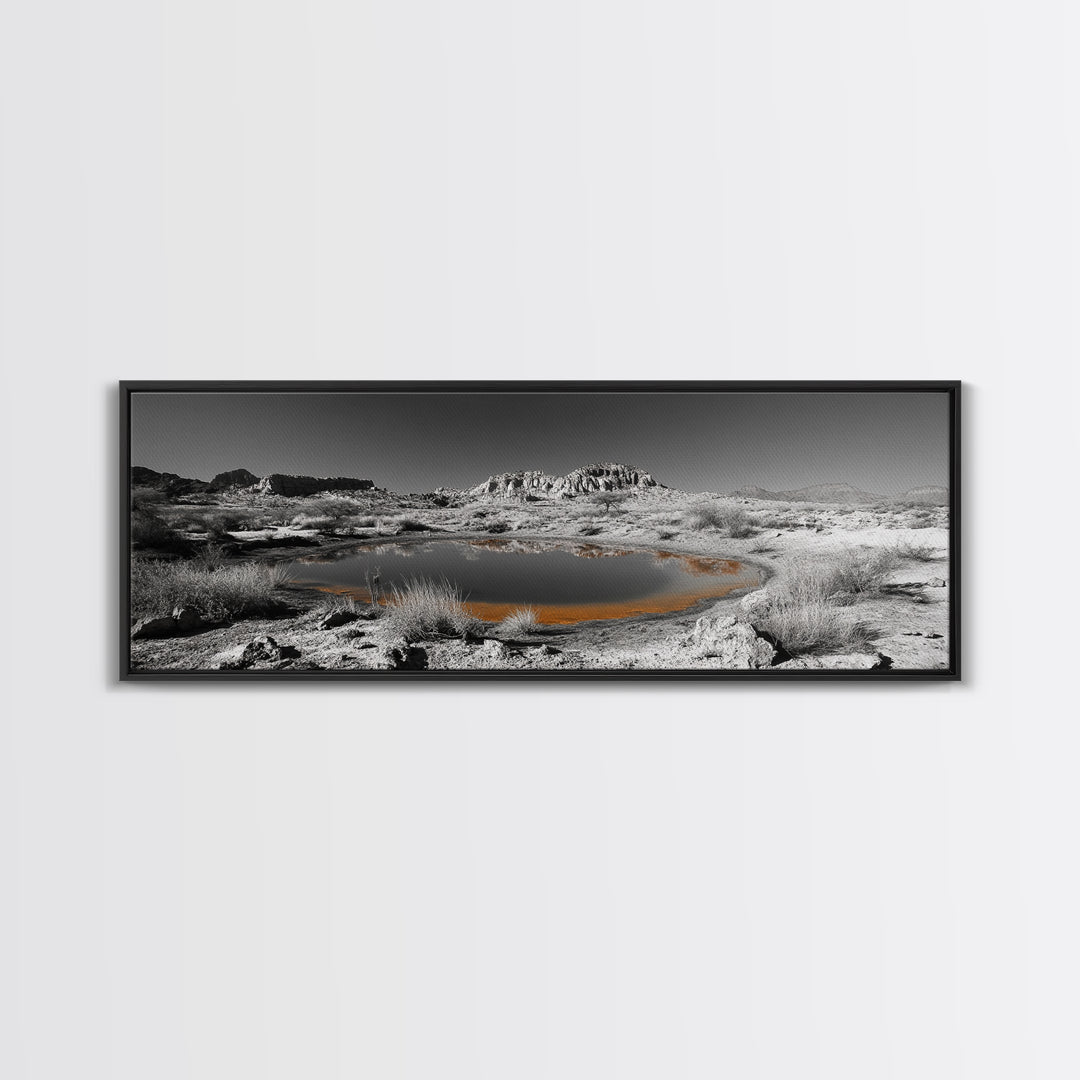 Desert Water Reflection, Desert Pond Scene, Minimalist Landscape Art, Framed Canvas Print, Neutral Wall Decor, Tranquil Nature Artwork