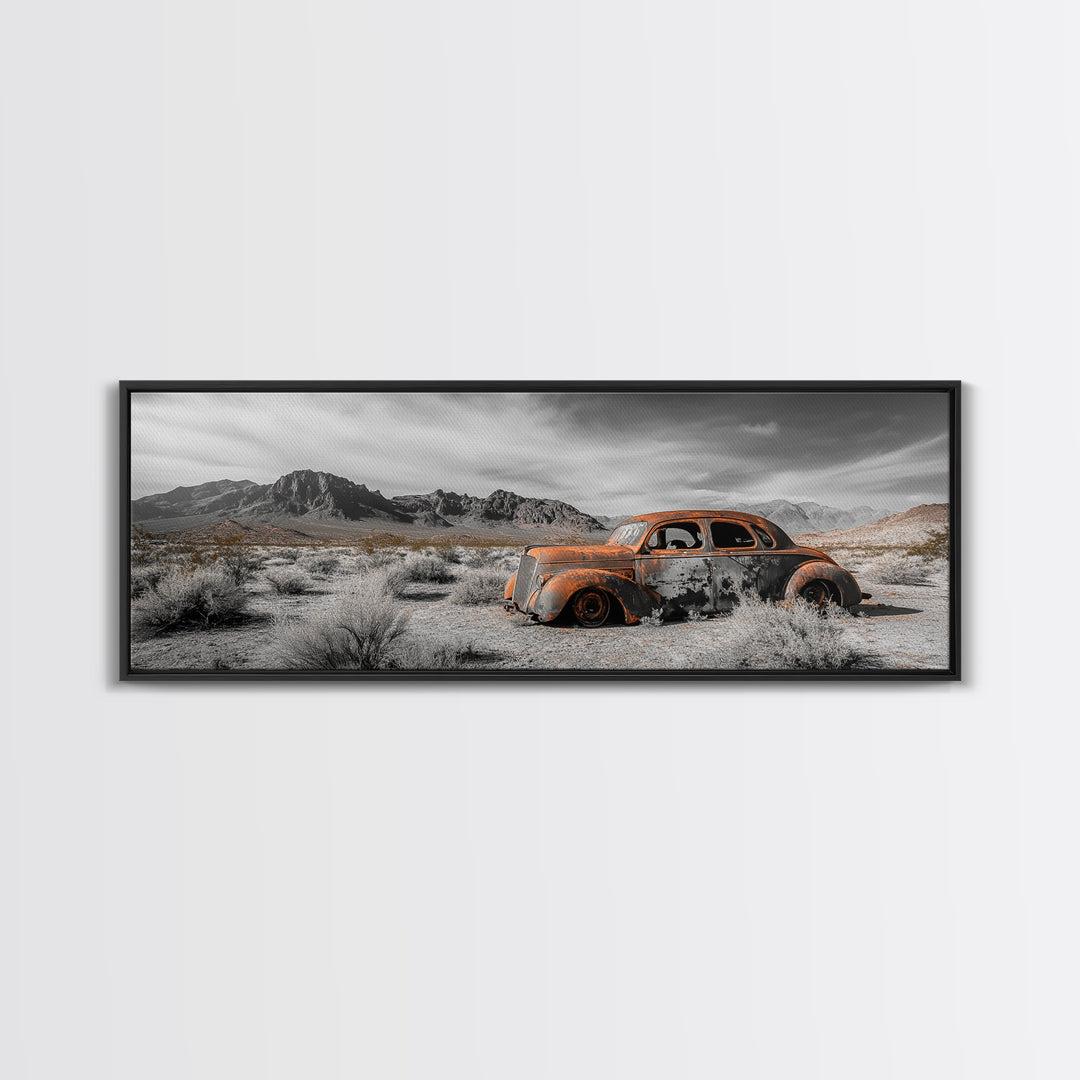 Desert Wreck, Abandoned Car, Moody Landscape, Rusty Vehicle — Framed Canvas Print, Industrial Wall Art, Garage Decor, Western Photography