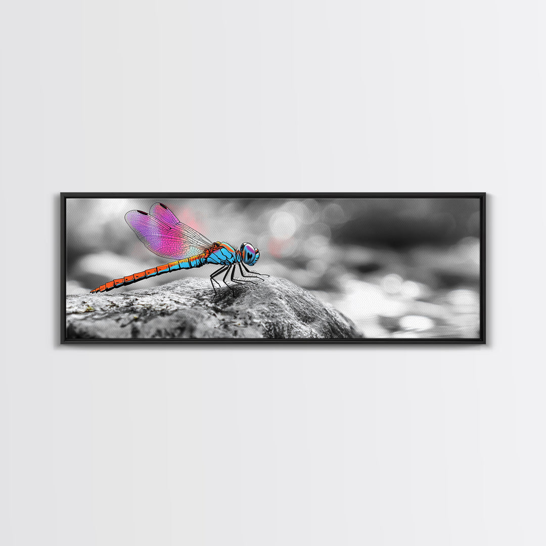 Neon Dragonfly, Nature Insect, Color Burst, Macro Beauty — Framed Canvas Print, Modern Boho Art, Bedroom Wall Art, Nature Photography