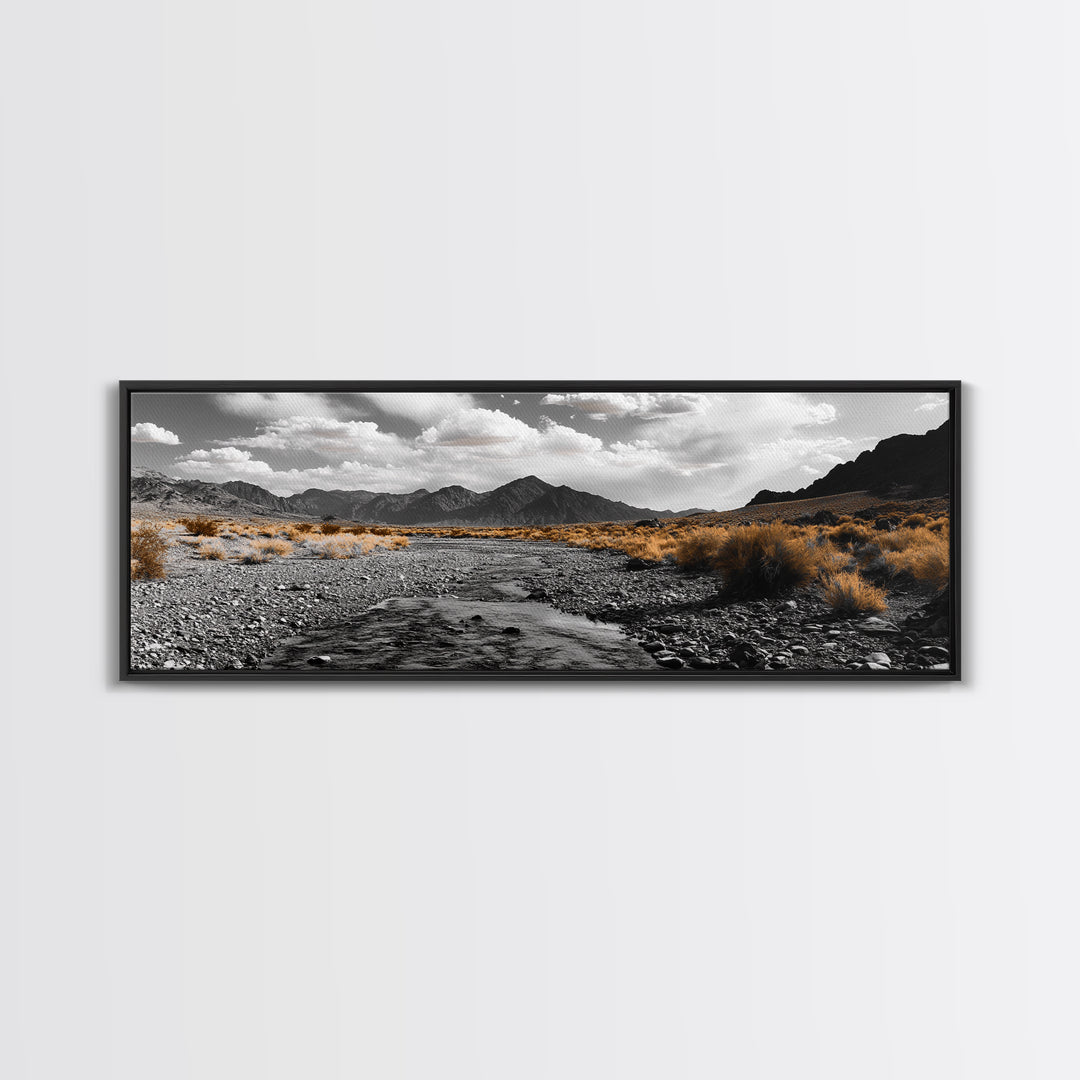 Desert Creek, Rugged Mountains, Golden Shrubs, Nature Path — Framed Canvas Print, Autumn Wall Decor, Rustic Office Art, Landscape Canvas