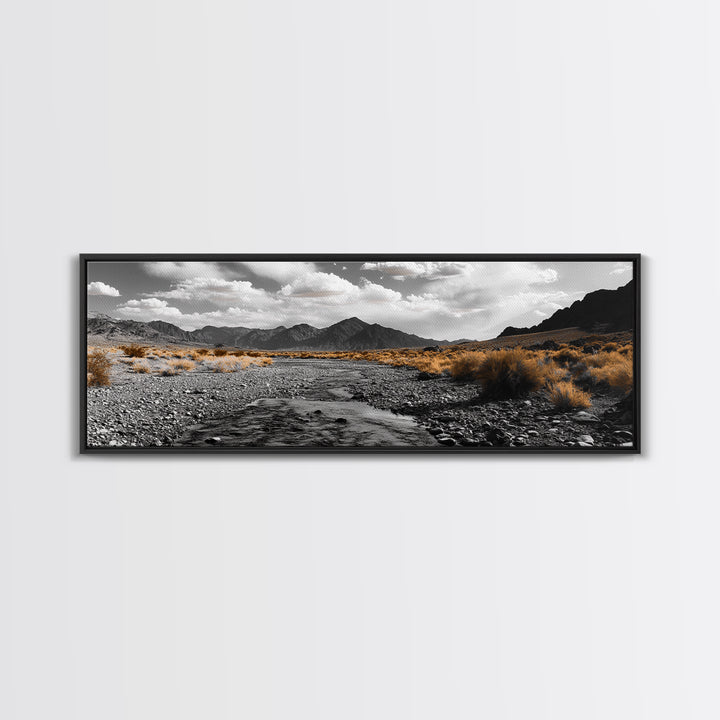 Desert Creek, Rugged Mountains, Golden Shrubs, Nature Path — Framed Canvas Print, Autumn Wall Decor, Rustic Office Art, Landscape Canvas