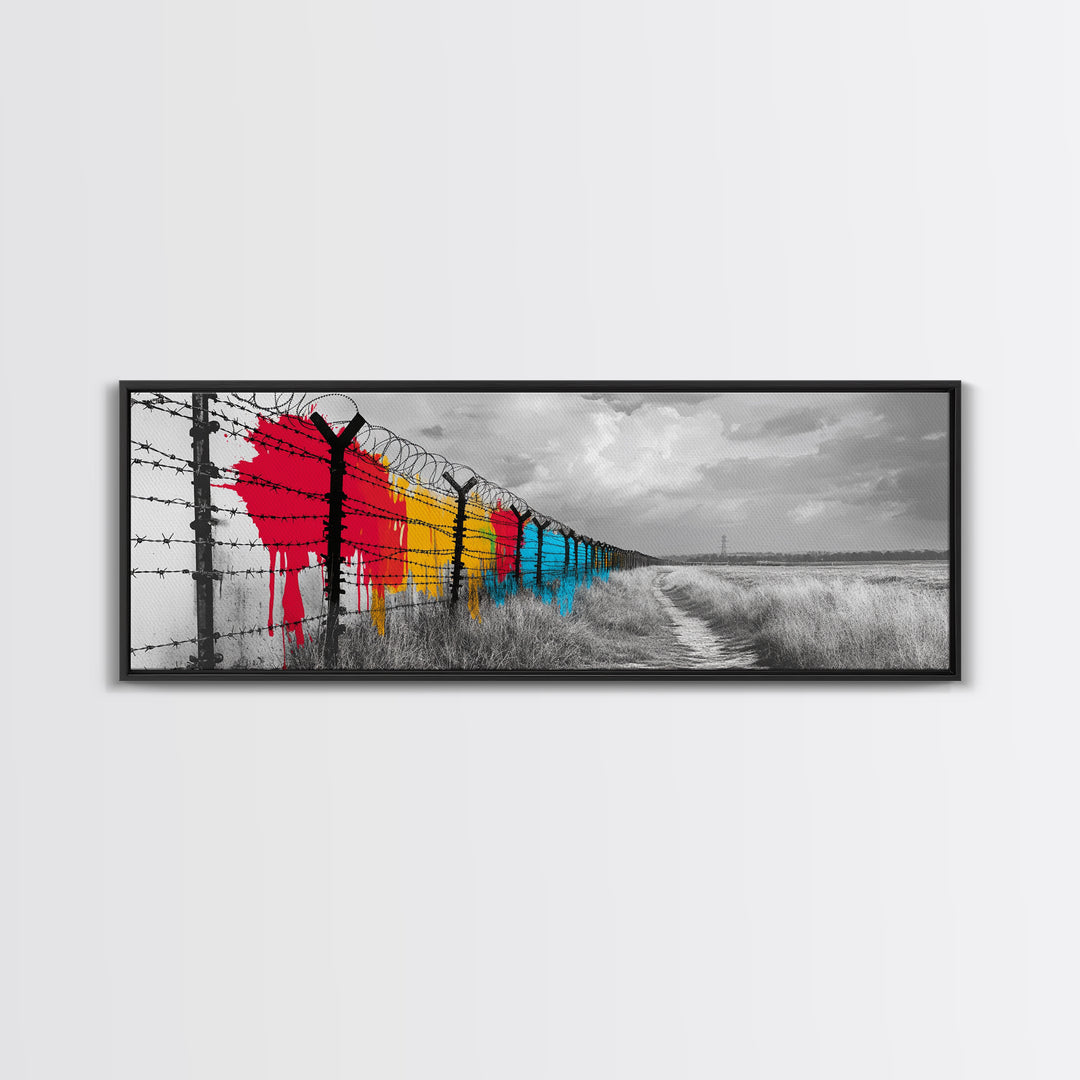 Barbed Wire, Graffiti Fence, Urban Street Art, Political Statement, Framed Canvas Print, Modern Wall Art, Office Decor, Activist Art