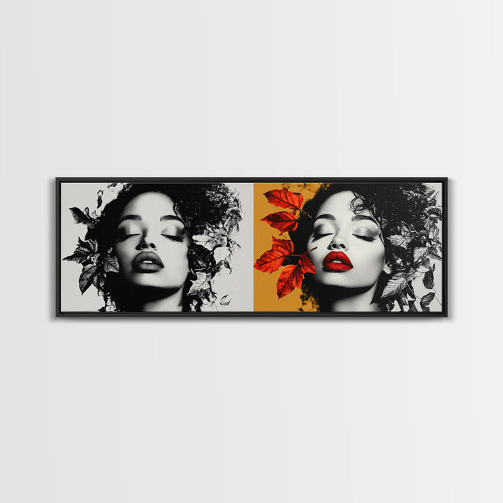 Autumn Leaves, Bold Lips Portrait, Fashion Face Art, Framed Canvas Print, Fall Wall Decor, Modern Bedroom Art, Boho Glam Aesthetic