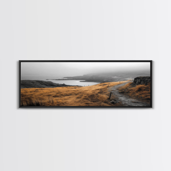Coastal Cliff Path, Golden Grasses by Sea, Canvas Print, Autumn Hiking Scene, Misty Nature Wall Art, Hallway Landscape Photography