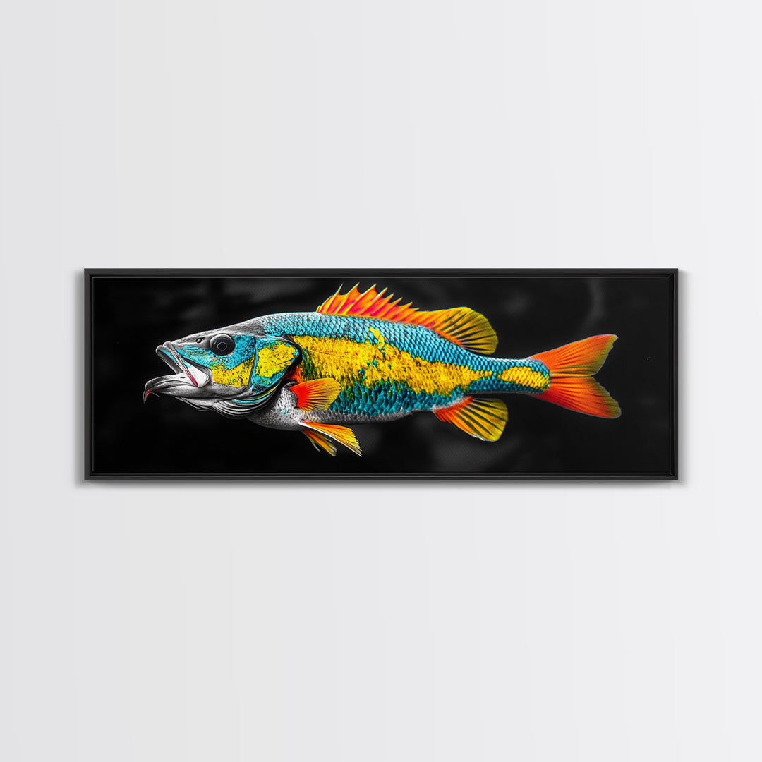 Tropical Fish, Vibrant Colors, Bold Sea Life, Black Background, Framed Canvas Print, Kitchen Wall Art, Modern Coastal Art